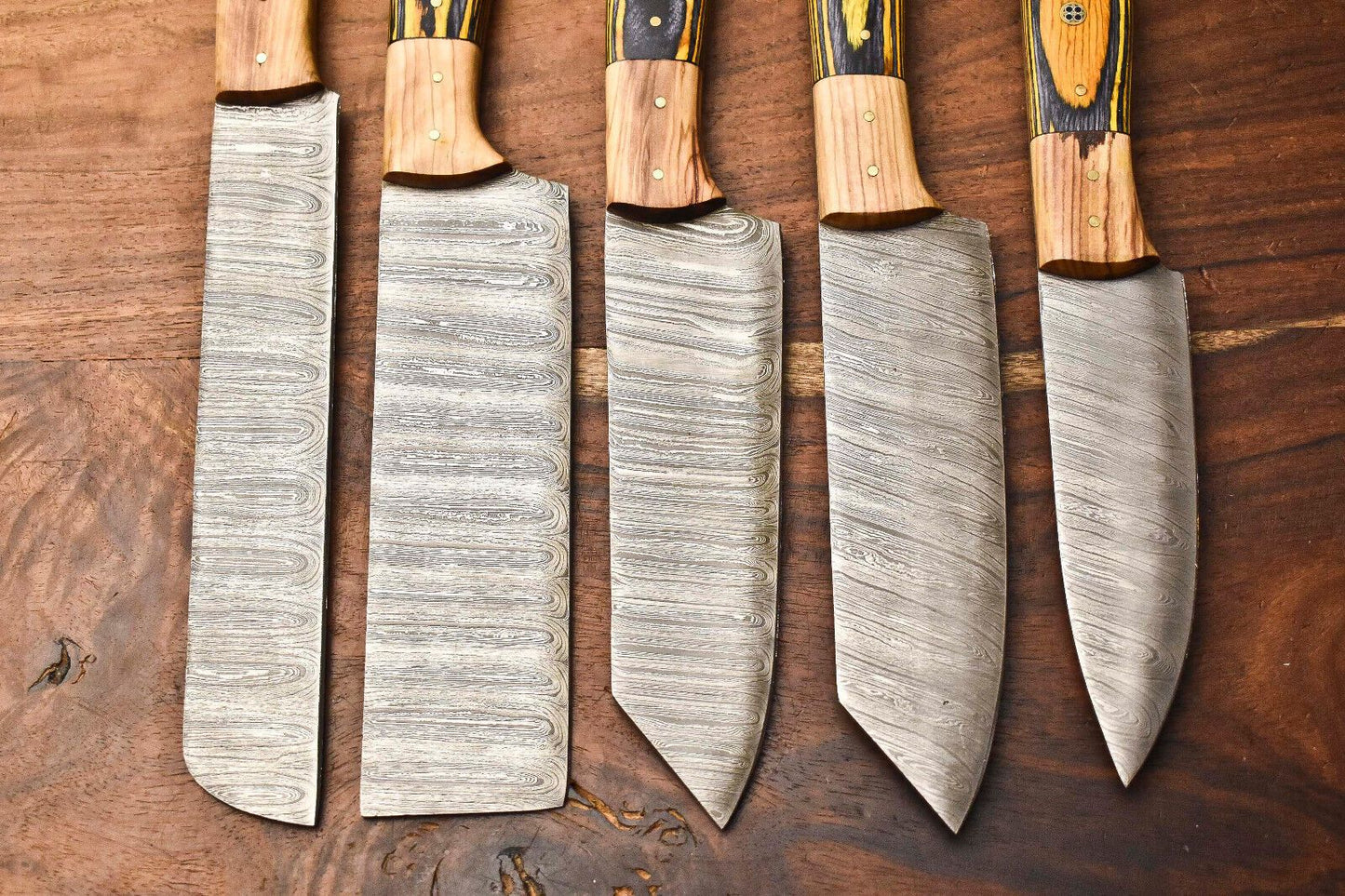 Custom Lot Of 5 Handmade Hammered Damascus Steel Blade Chef Knife Set  Professional Handmade Kitche