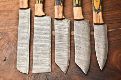 Custom Lot Of 5 Handmade Hammered Damascus Steel Blade Chef Knife Set  Professional Handmade Kitche