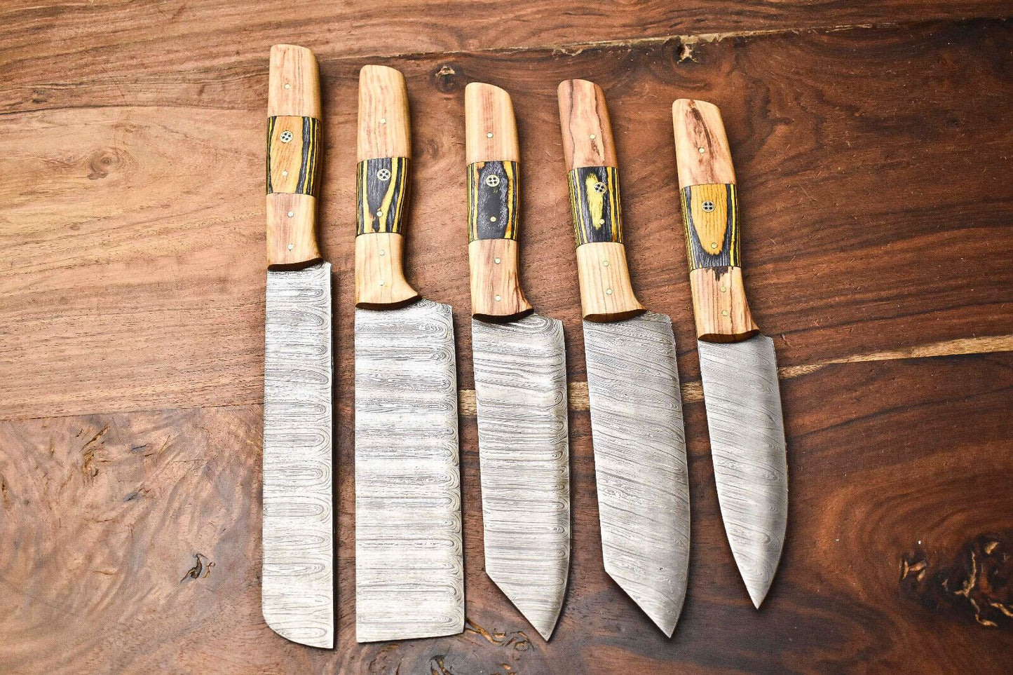 Custom Lot of 5 Handmade Hammered Damascus Steel Blade Chef Knife Set – Professional Handmade Kitchen Knives