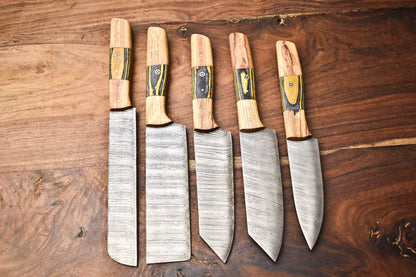 Custom Lot of 5 Handmade Hammered Damascus Steel Blade Chef Knife Set – Professional Handmade Kitchen Knives