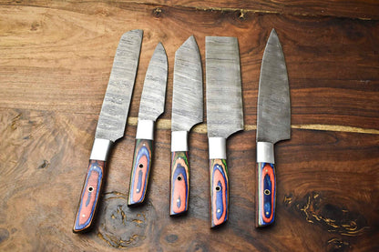 Custom Lot Of 5 Handmade Hammered Damascus Steel Blade Chef Knife Set  Professional Handmade 1