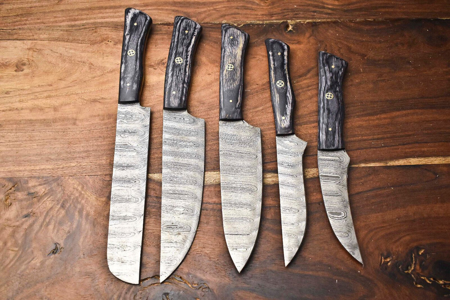 Artisan Handmade Damascus Steel Chef Knife Set | 5-Piece Hammered Kitchen Collection
