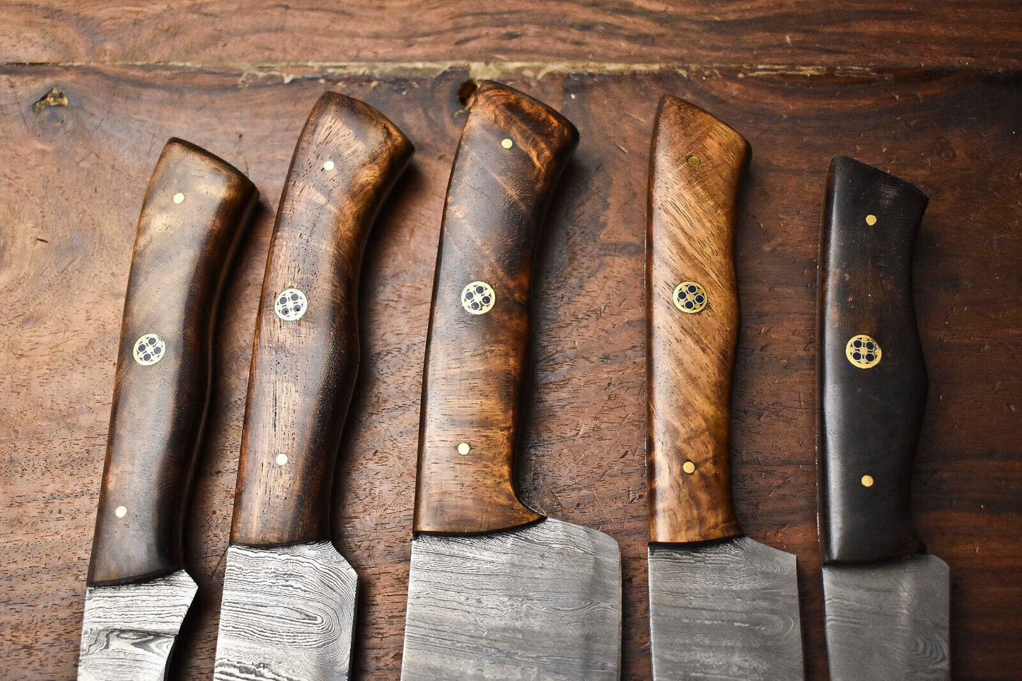 Custom Lot Of 5 Handmade Damascus Steel Chef Knives  Hammered Full Tang Set 2