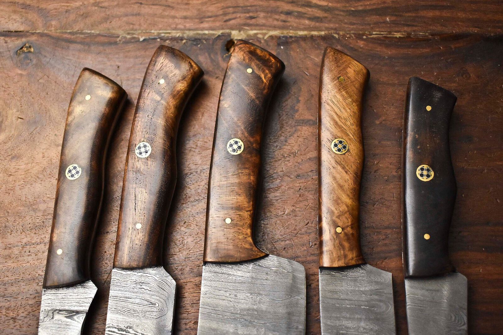 Custom Lot Of 5 Handmade Damascus Steel Chef Knives  Hammered Full Tang Set 2