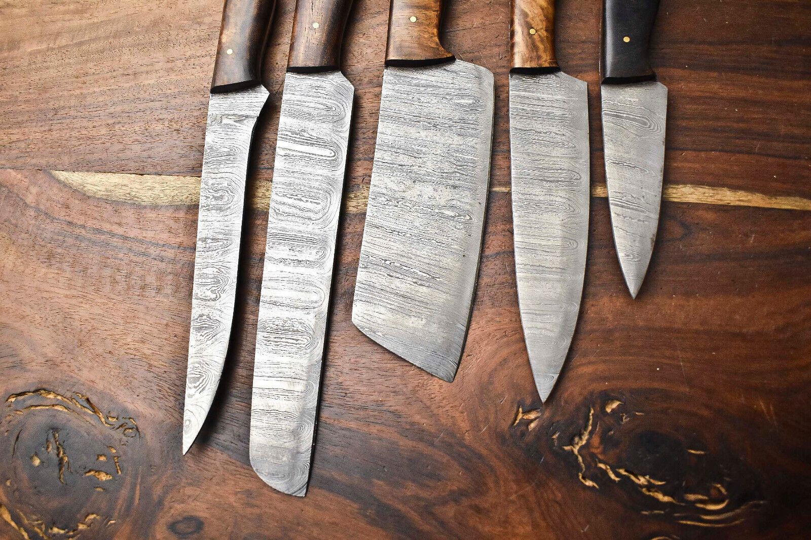 Custom Lot Of 5 Handmade Damascus Steel Chef Knives  Hammered Full Tang Set 3