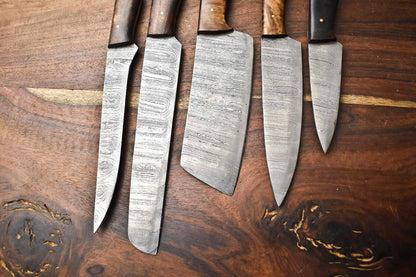 Custom Lot Of 5 Handmade Damascus Steel Chef Knives  Hammered Full Tang Set 3