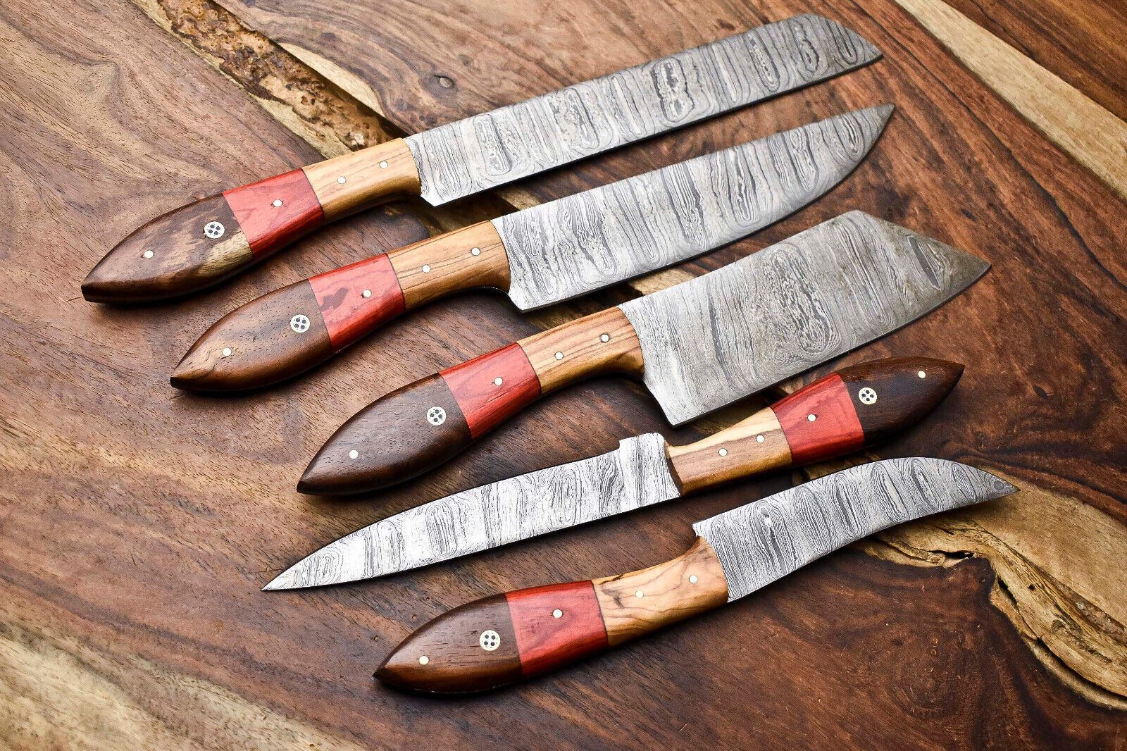Custom Lot Of 5 Handmade Hammered Damascus Steel Blade Chef Knife Set  Professional Handmade Knives
