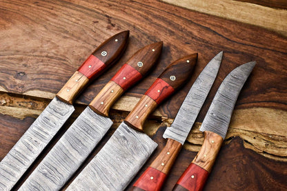 Custom Lot Of 5 Handmade Hammered Damascus Steel Blade Chef Knife Set  Professional Handmade Knives