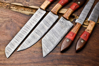 Custom Lot Of 5 Handmade Hammered Damascus Steel Blade Chef Knife Set  Professional Handmade Knives