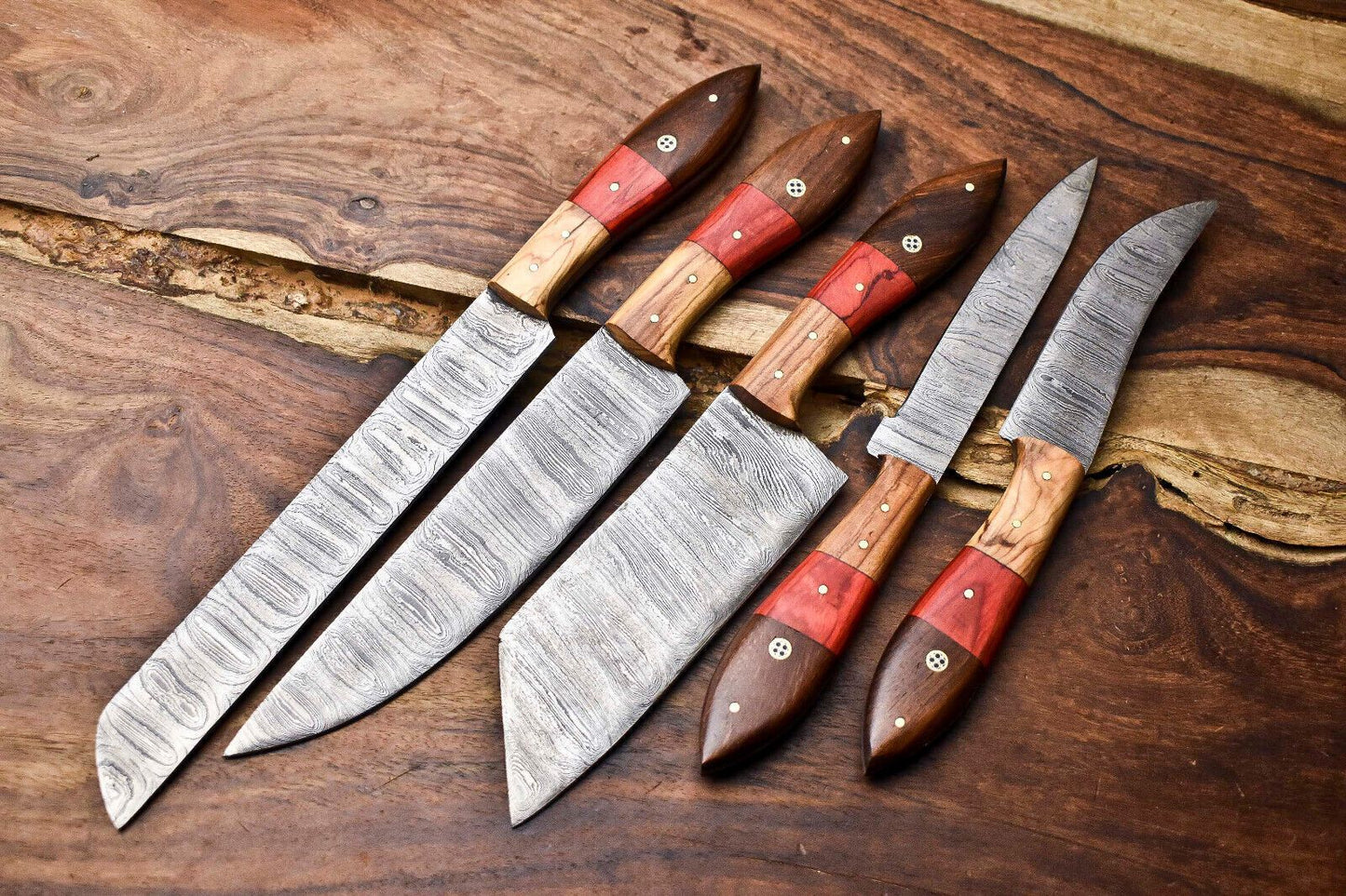 Custom Lot of 5 Handmade Hammered Damascus Steel Blade Chef Knife Set – Professional Handmade Knives