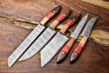 Custom Lot of 5 Handmade Hammered Damascus Steel Blade Chef Knife Set – Professional Handmade Knives