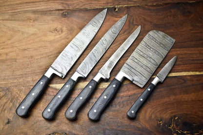 Custom Lot Of 5 Handmade Hammered Damascus Steel Blade Chef Knife Set 1