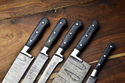 Custom Lot Of 5 Handmade Hammered Damascus Steel Blade Chef Knife Set 2