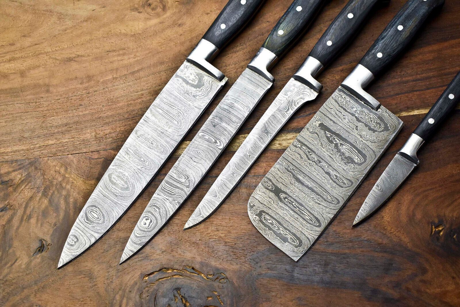 Custom Lot Of 5 Handmade Hammered Damascus Steel Blade Chef Knife Set 3