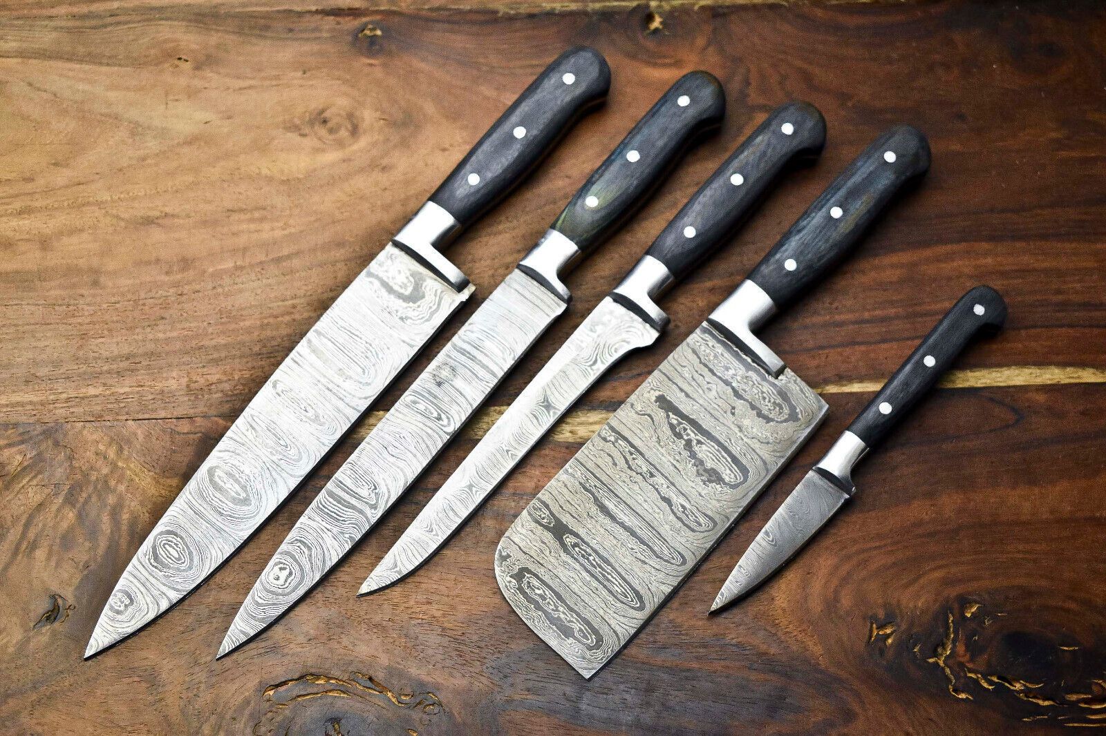 Custom Lot of 5 Handmade Hammered Damascus Steel Blade Chef Knife Set