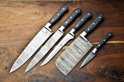 Custom Lot of 5 Handmade Hammered Damascus Steel Blade Chef Knife Set