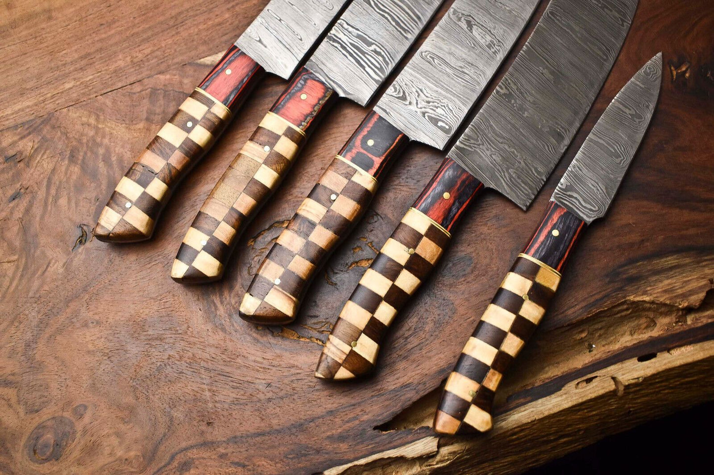 Premium 5Piece Handmade Damascus Steel Chef Knives  Full Tang Hammered 1