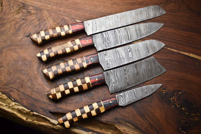 Premium 5-Piece Handmade Damascus Steel Chef Knives | Full Tang Hammered