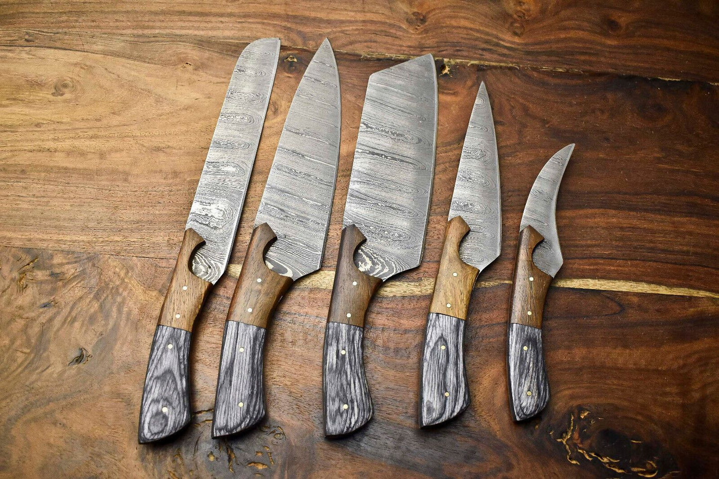 Custom Lot Of 5 Handmade Hammered Damascus Steel Chef Knife Set  Professional Handmade Kitchen Kniv