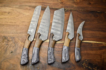 Custom Lot Of 5 Handmade Hammered Damascus Steel Chef Knife Set  Professional Handmade Kitchen Kniv