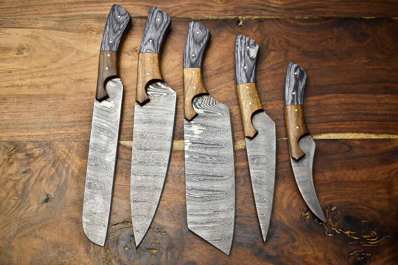 Custom Lot of 5 Handmade Hammered Damascus Steel Chef Knife Set – Professional Handmade Kitchen Knives