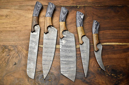 Custom Lot of 5 Handmade Hammered Damascus Steel Chef Knife Set – Professional Handmade Kitchen Knives