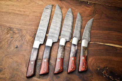 Hand Forged Damascus Steel Chef Knife Set  Lot Of 5 Handmade Hammered Kitchen Knives With Razor Sha 1