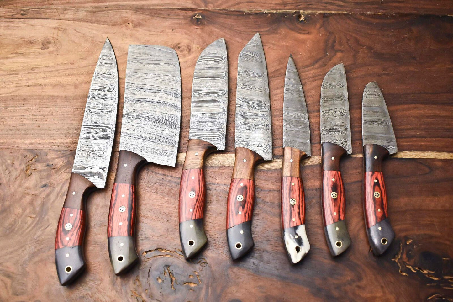 Custom Lot Of 7 Handmade Hammered Damascus Steel Chef Knife Set  Professional 7Piece Kitchen Knives
