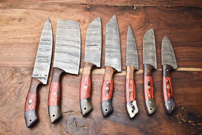 Custom Lot Of 7 Handmade Hammered Damascus Steel Chef Knife Set  Professional 7Piece Kitchen Knives