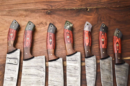 Custom Lot Of 7 Handmade Hammered Damascus Steel Chef Knife Set  Professional 7Piece Kitchen Knives