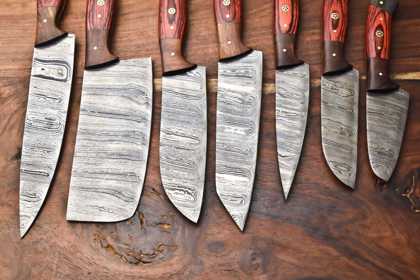 Custom Lot Of 7 Handmade Hammered Damascus Steel Chef Knife Set  Professional 7Piece Kitchen Knives