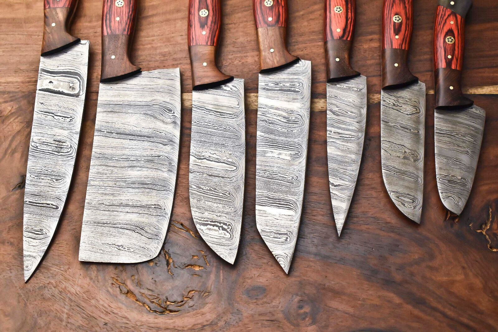 Custom Lot Of 7 Handmade Hammered Damascus Steel Chef Knife Set  Professional 7Piece Kitchen Knives