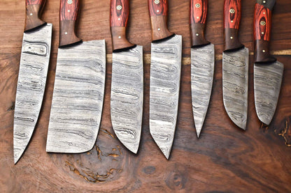 Custom Lot Of 7 Handmade Hammered Damascus Steel Chef Knife Set  Professional 7Piece Kitchen Knives