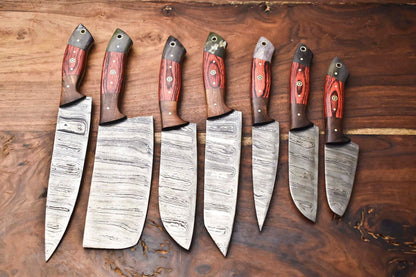 Custom Lot of 7 Handmade Hammered Damascus Steel Chef Knife Set – Professional 7-Piece Kitchen Knives