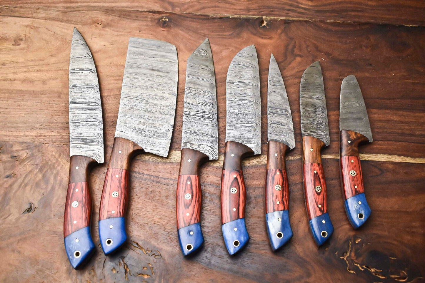 Custom Lot Of 7 Handmade Hammered Damascus Steel Chef Knife Set  Professional 7 Knives 1