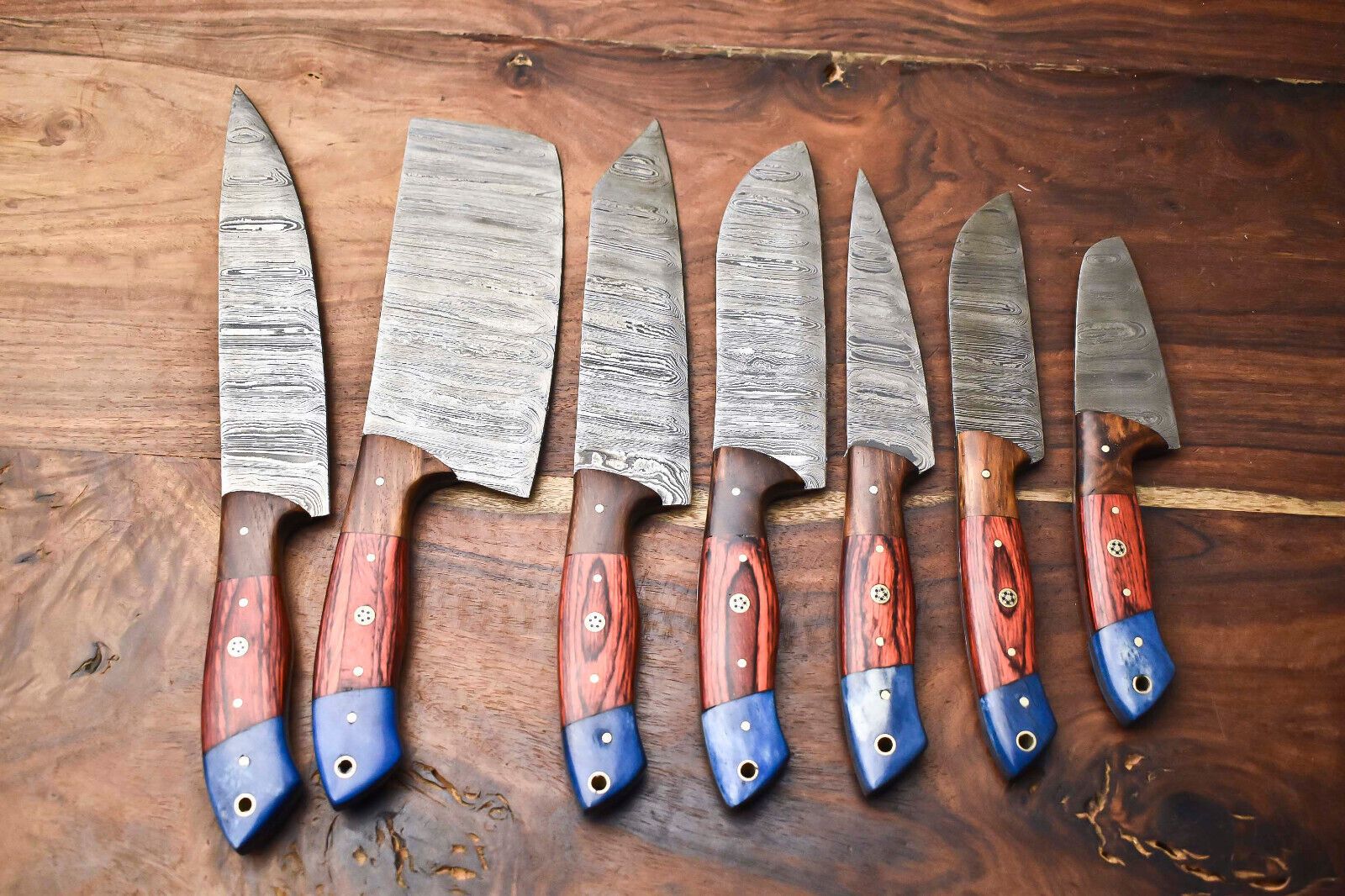 Custom Lot Of 7 Handmade Hammered Damascus Steel Chef Knife Set  Professional 7 Knives 1