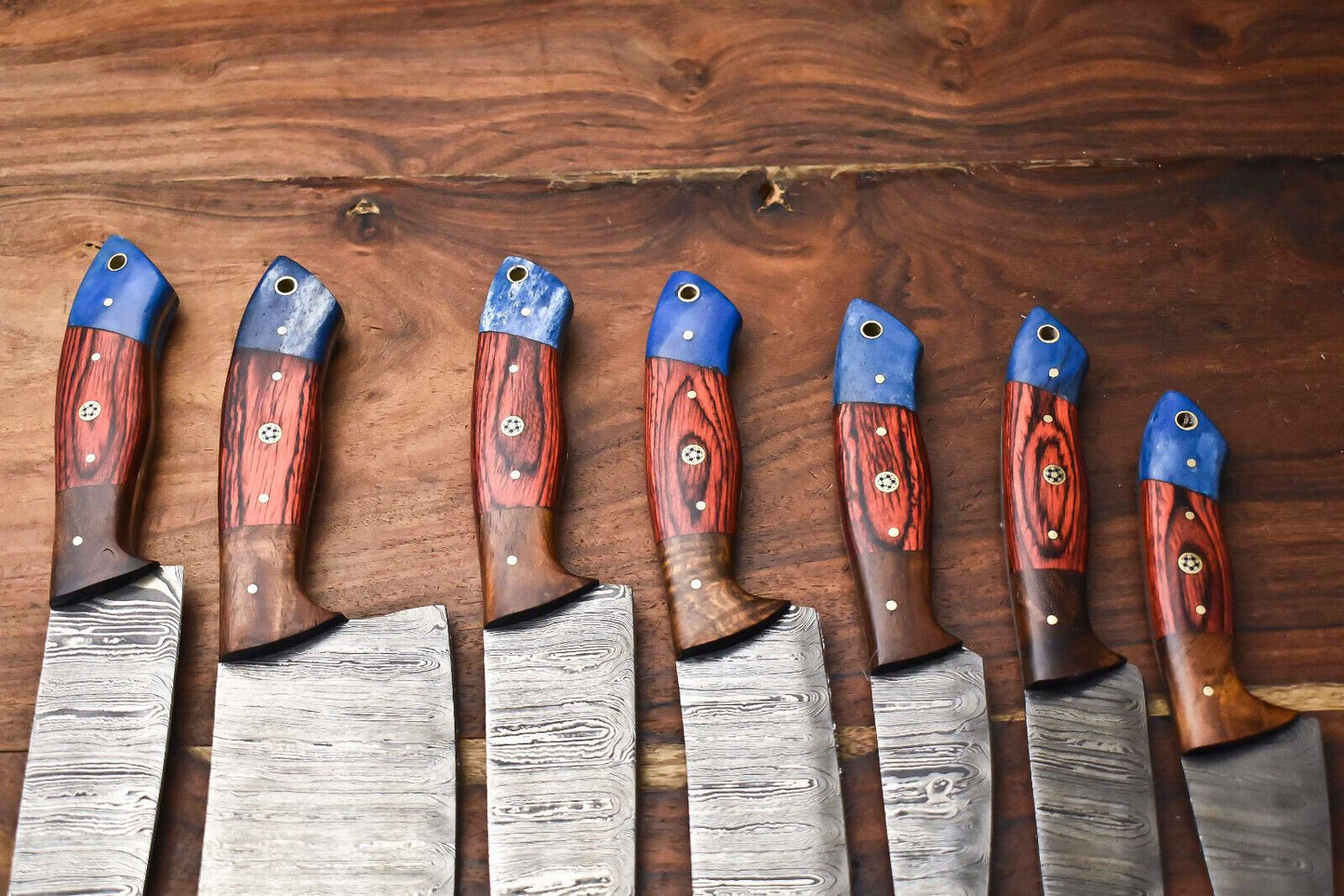 Custom Lot Of 7 Handmade Hammered Damascus Steel Chef Knife Set  Professional 7 Knives 2