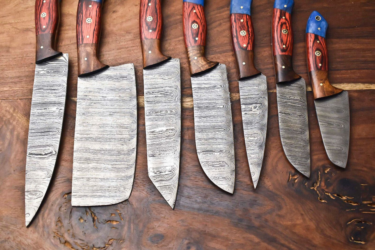 Custom Lot Of 7 Handmade Hammered Damascus Steel Chef Knife Set  Professional 7 Knives 3