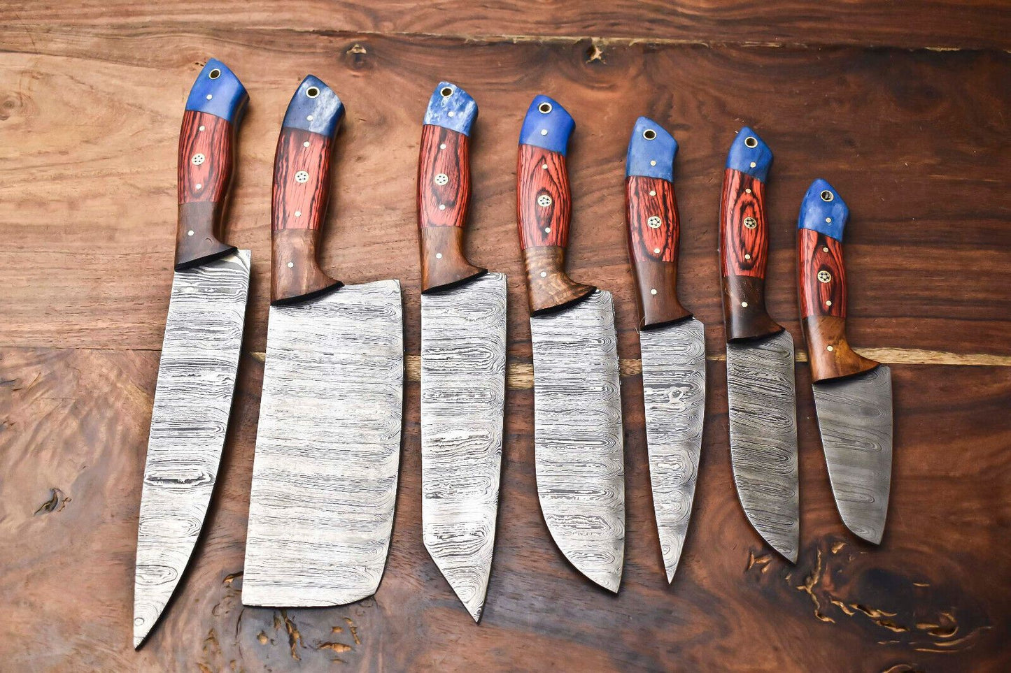 Custom Lot of 7 Handmade Hammered Damascus Steel Chef Knife Set – Professional 7 Knives