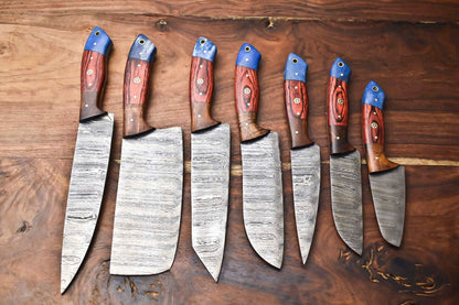 Custom Lot of 7 Handmade Hammered Damascus Steel Chef Knife Set – Professional 7 Knives