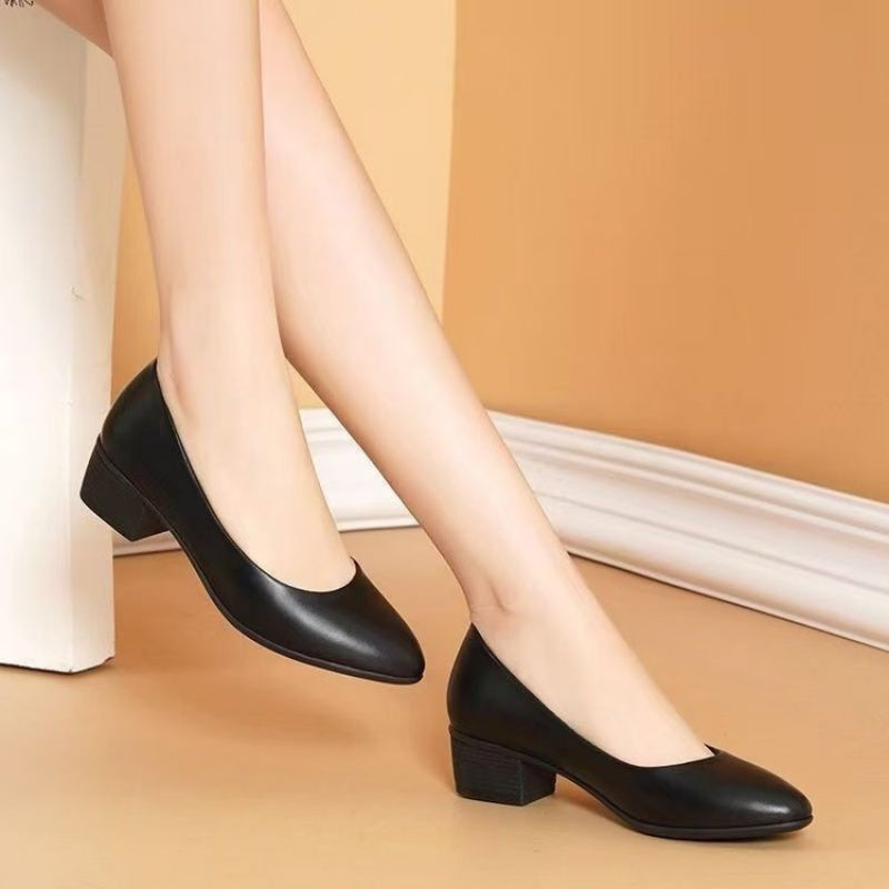 Womens Low-Heel Pumps, New Arrival Black Genuine Leather Formal Shoes, Slip-On Comfortable Mid-Heel for Daily Use