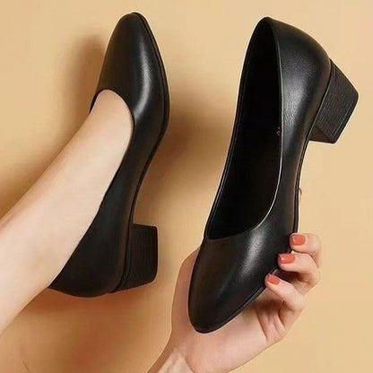 Womens Low-Heel Pumps, New Arrival Black Genuine Leather Formal Shoes, Slip-On Comfortable Mid-Heel for Daily Use