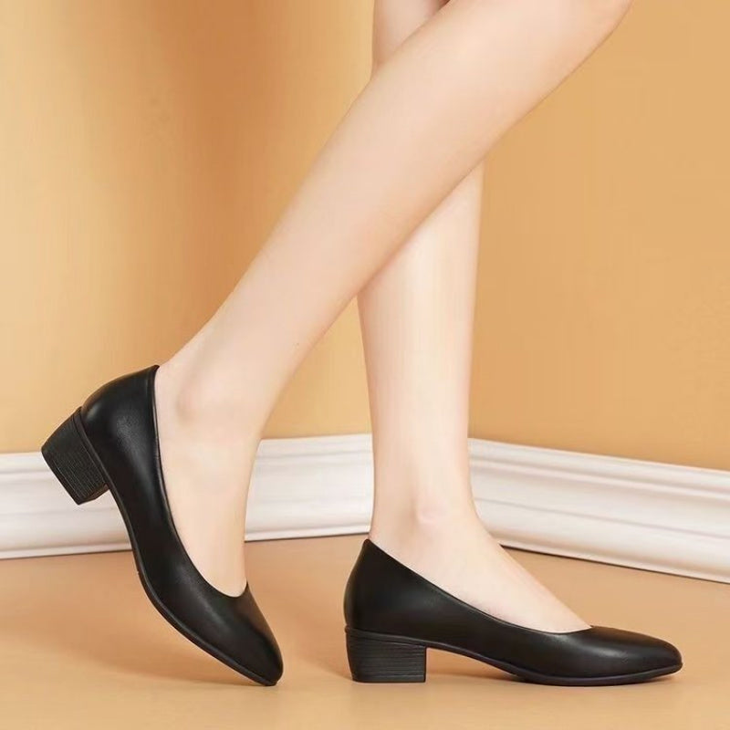 Womens Low-Heel Pumps, New Arrival Black Genuine Leather Formal Shoes, Slip-On Comfortable Mid-Heel for Daily Use