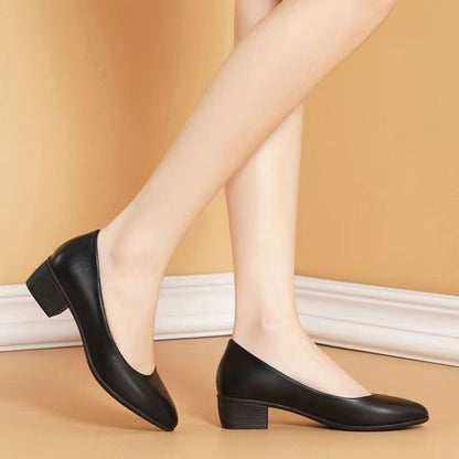Womens Low-Heel Pumps, New Arrival Black Genuine Leather Formal Shoes, Slip-On Comfortable Mid-Heel for Daily Use