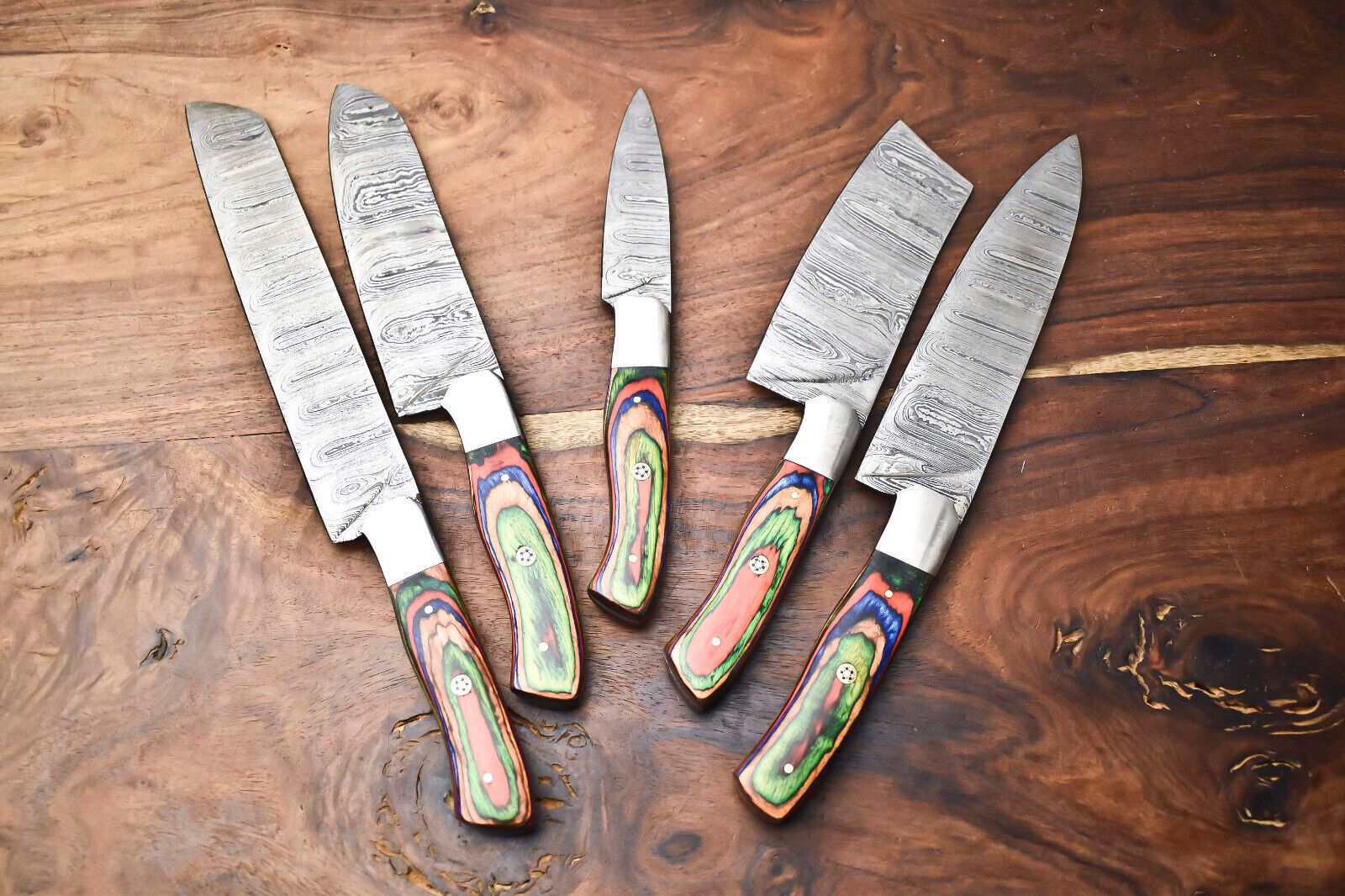 Custom Lot of 5 Handmade Hammered Damascus Steel Chef Knife Set – Professional Handmade knives