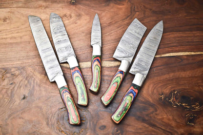 Custom Lot of 5 Handmade Hammered Damascus Steel Chef Knife Set – Professional Handmade knives