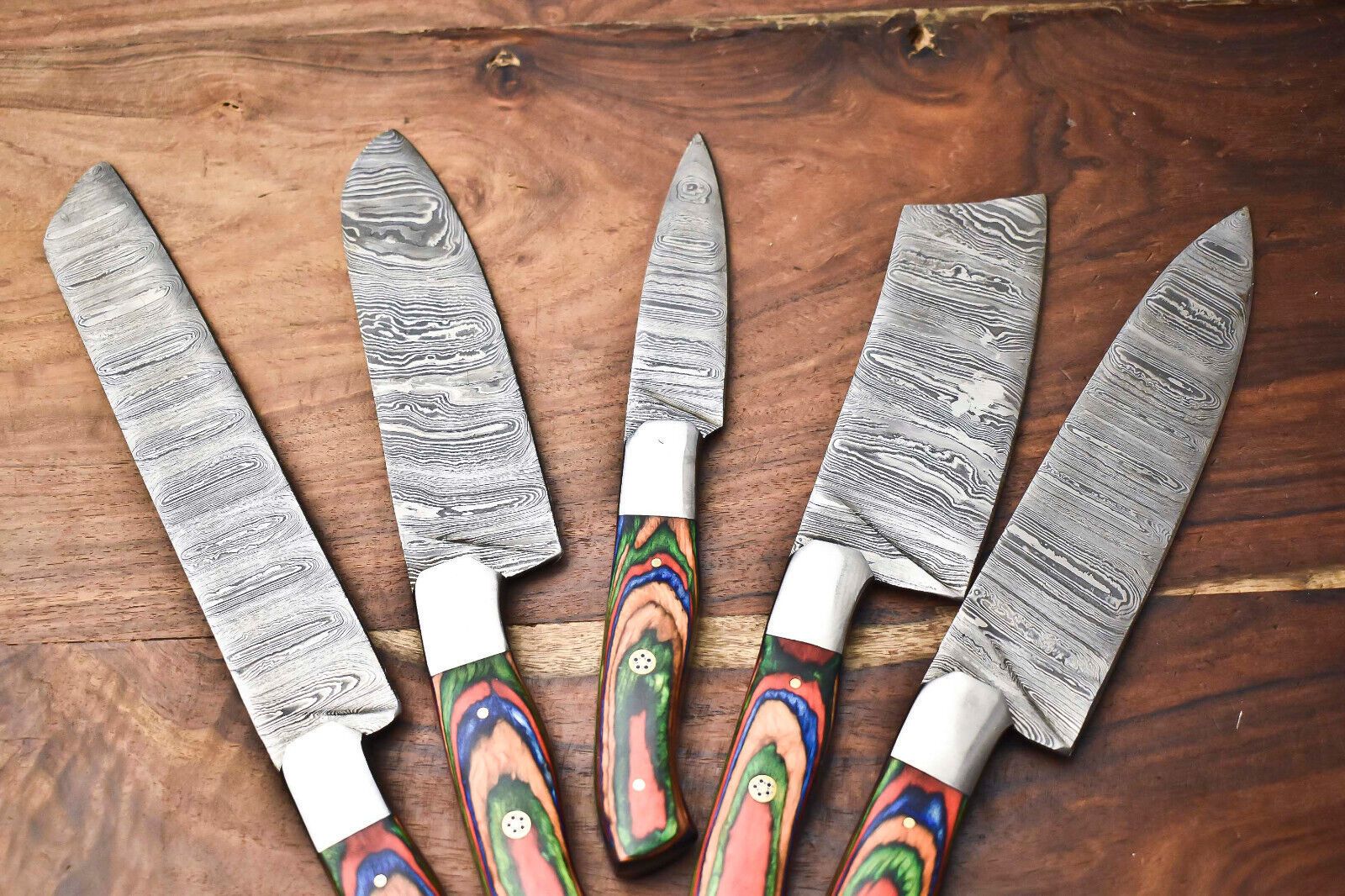 Custom Lot Of 5 Handmade Hammered Damascus Steel Chef Knife Set  Professional Handmade Knives 1