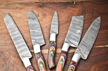 Custom Lot Of 5 Handmade Hammered Damascus Steel Chef Knife Set  Professional Handmade Knives 1
