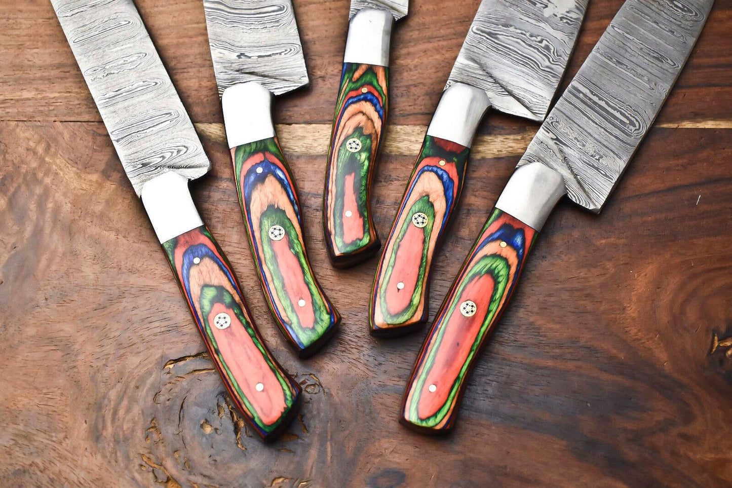Custom Lot Of 5 Handmade Hammered Damascus Steel Chef Knife Set  Professional Handmade Knives 2