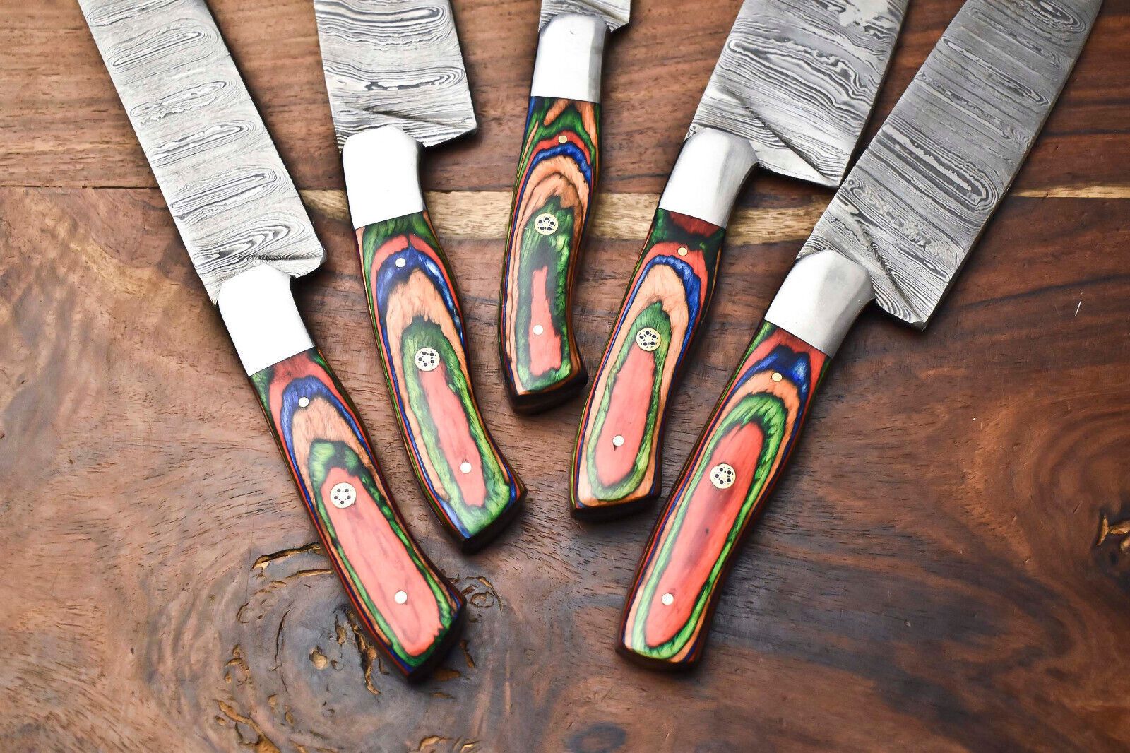 Custom Lot Of 5 Handmade Hammered Damascus Steel Chef Knife Set  Professional Handmade Knives 2